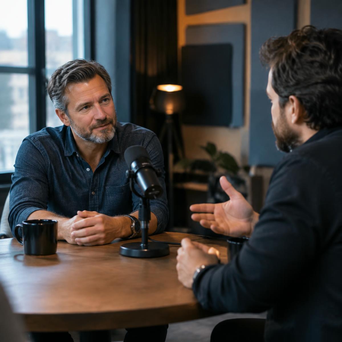 Two hosts having a thoughtful podcast conversation
