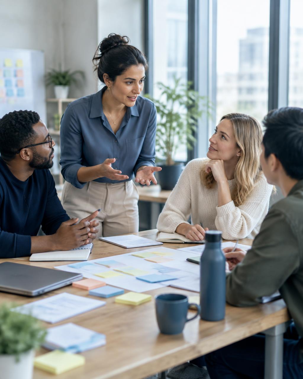 A team collaborating around a workshop table